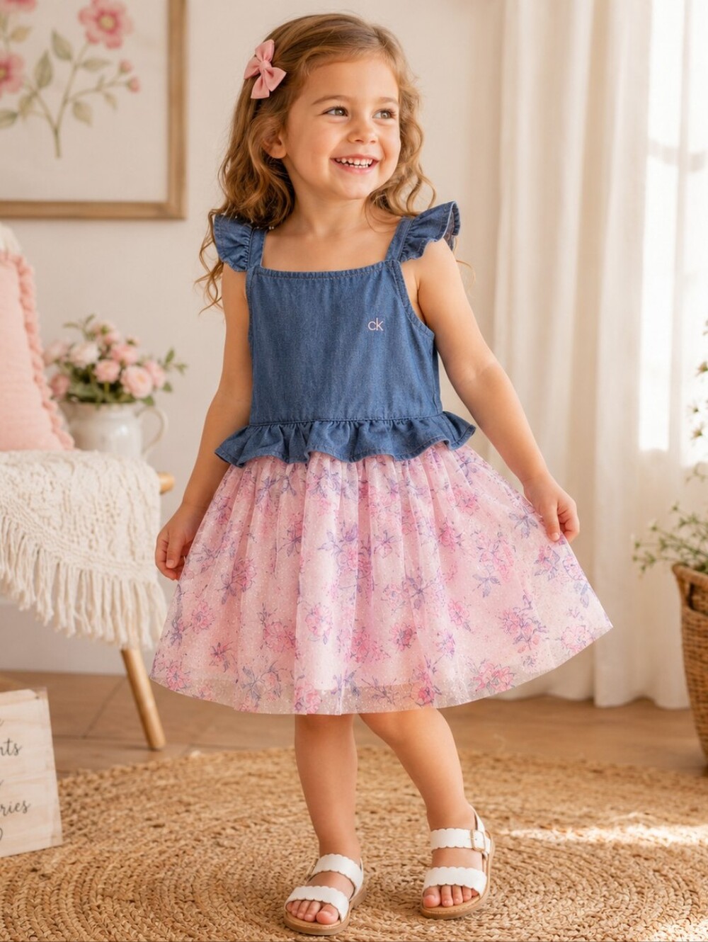 Calvin Klein Jeans Girls Denim & Tulle Dress S 6 | Floral Skirt, Flutter Sleeve